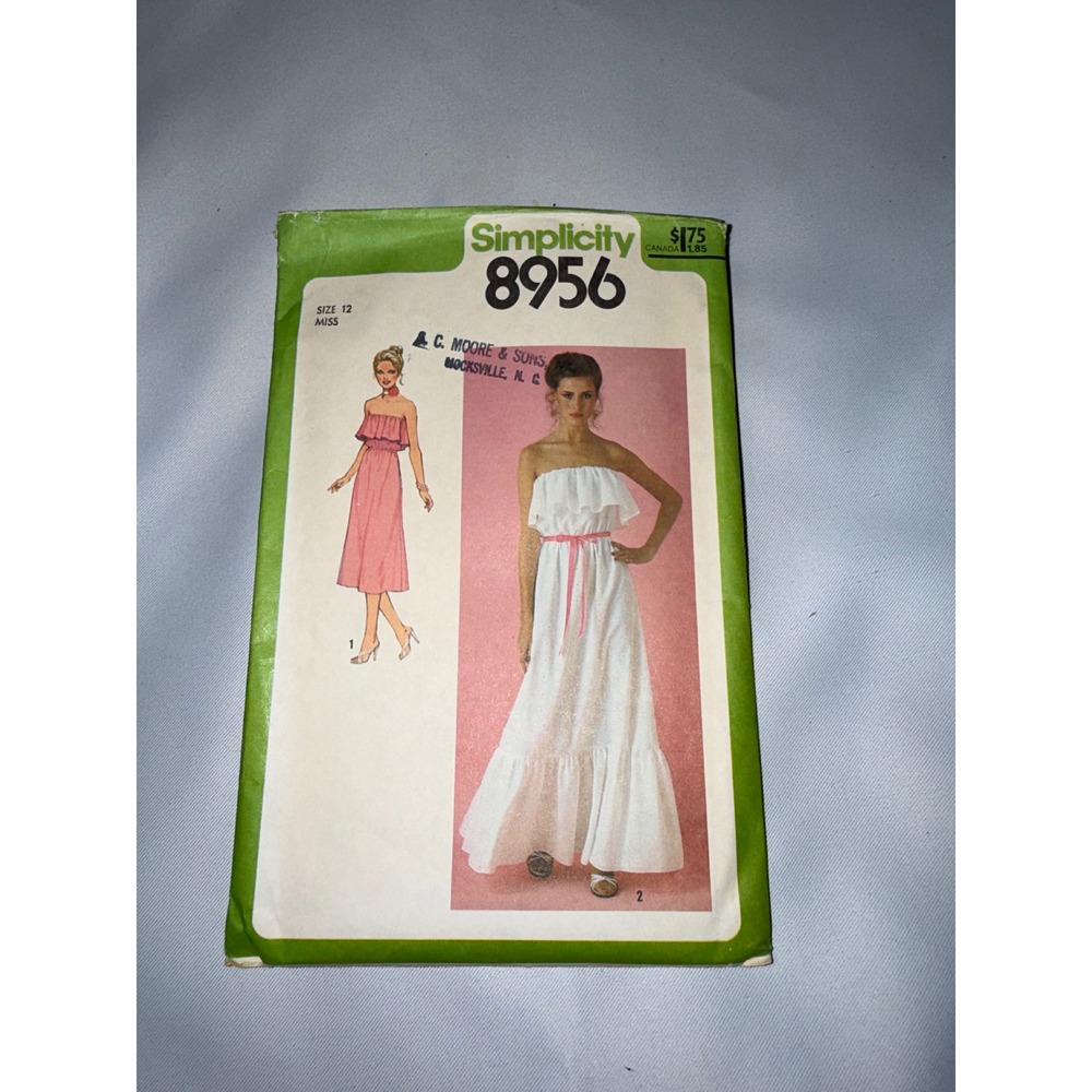 Simplicity 8956 Vintage 70s Strapless Ruffle Maxi Dress Sewing Pattern‎ Size 12